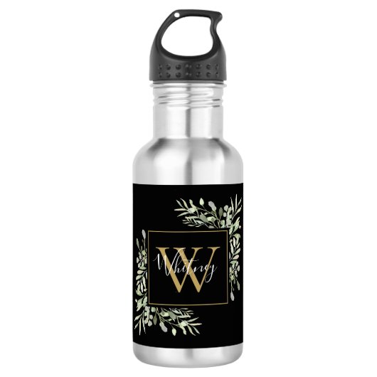 Personalisiertes schwarzes Gold-Monogramm mit Grün Edelstahlflasche (Vorderseite)