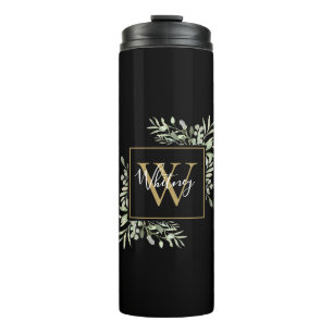 Personalisiertes schwarzes Gold-Monogramm mit Grün Thermosbecher
