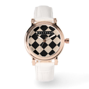 Personalisiertes schwarzes Harlekin-Karo-Diamantmu Armbanduhr