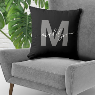 Personalisiertes schwarzes Initialen-Name-Monogram Kissen