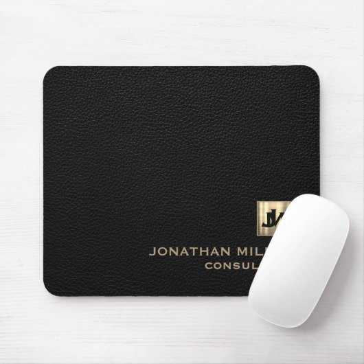 Personalisiertes schwarzes Leder Print Gold Monogr Mousepad (Mit Mouse)