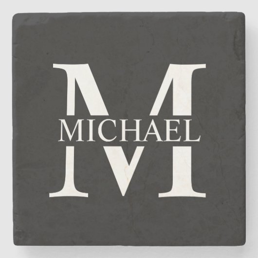 Personalisiertes schwarzes Monogramm und Name Steinuntersetzer (Vorderseite)