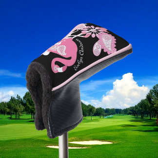 Personalisiertes Schwarzes Rosa Flamingo Golf Headcover