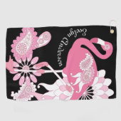 Personalisiertes Schwarzes Rosa Flamingo Golfhandtuch (Horizontal)