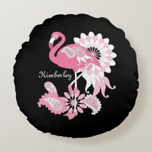 Personalisiertes Schwarzes Rosa Flamingo Rundes Kissen