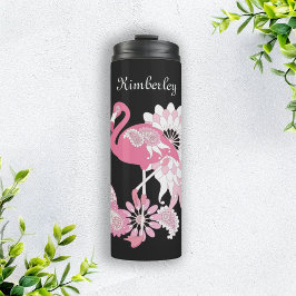 Personalisiertes Schwarzes Rosa Flamingo Thermosbecher