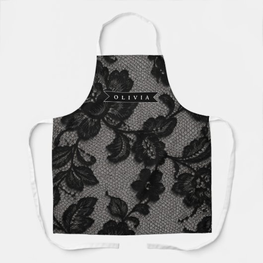 Personalisiertes schwarzes Spitzen Blumen- Monogra Schürze (Vorderseite)