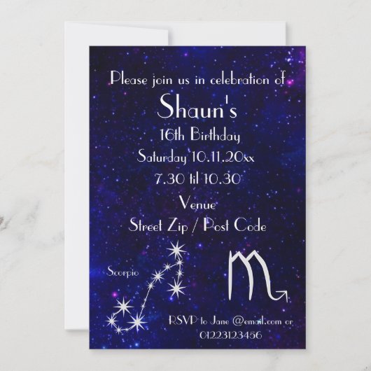 Personalisiertes Scorpio Zodiac Galaxy Party Einladung (Vorderseite)