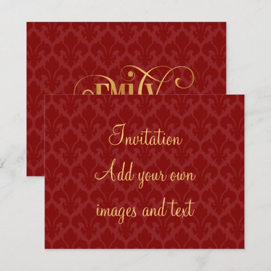 Personalisiertes Script Emily Gold Red Fleur-de-Li Einladung (Vorne/Hinten)