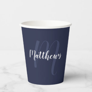 Personalisiertes Script Monogram und Name Navy Blu Pappbecher