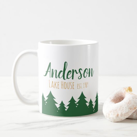 Personalisiertes See-Haus u. Kiefern-Baum-Tasse Kaffeetasse (Mit Donut)