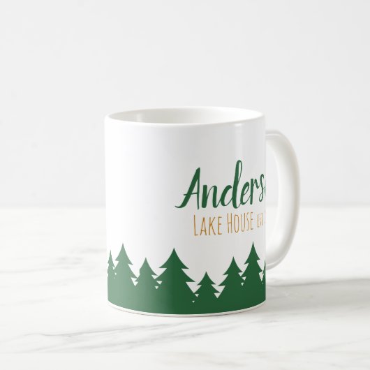 Personalisiertes See-Haus u. Kiefern-Baum-Tasse Kaffeetasse (VorderseiteRechts)