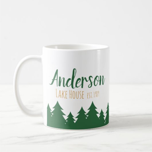 Personalisiertes See-Haus u. Kiefern-Baum-Tasse Kaffeetasse (Links)