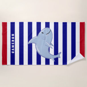 Personalisiertes Shark Weiß Blau Rot Gestreiftes K Strandtuch