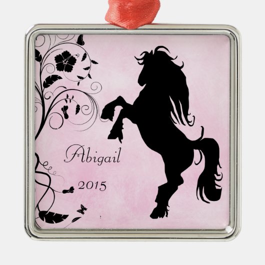 Personalisiertes Silhouette Pferd Pink Black Silbernes Ornament (Vorne)
