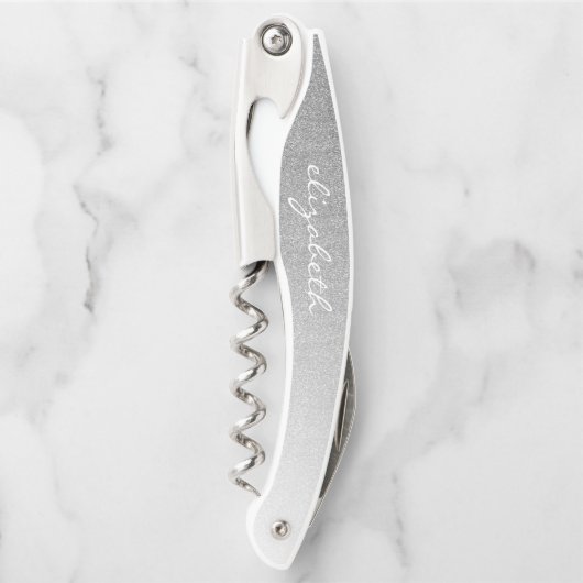 Personalisiertes Silver Ombre Imitate Glitzer Scri Kellnermesser (Vorderseite)