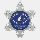 Personalisiertes Skifahren iSKI Oval Schneeflocken Zinn-Ornament (Vorderseite)