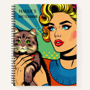 Personalisiertes Skizzenbuch   Retro-Dame und Katz Notizblock