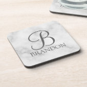 Personalisiertes Skriptmonogramm und Name aus weiß Getränkeuntersetzer (Linke Seite)