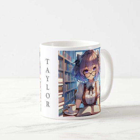 Personalisiertes Smart Anime Girl in der Bibliothe Kaffeetasse (VorderseiteRechts)