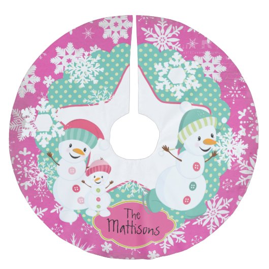 Personalisiertes Snowman Family Holiday Tree Skirt Polyester Weihnachtsbaumdecke (Vorderseite)