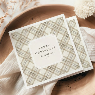 Personalisiertes Softbeige-Gingham-Frohe Weihnacht Serviette