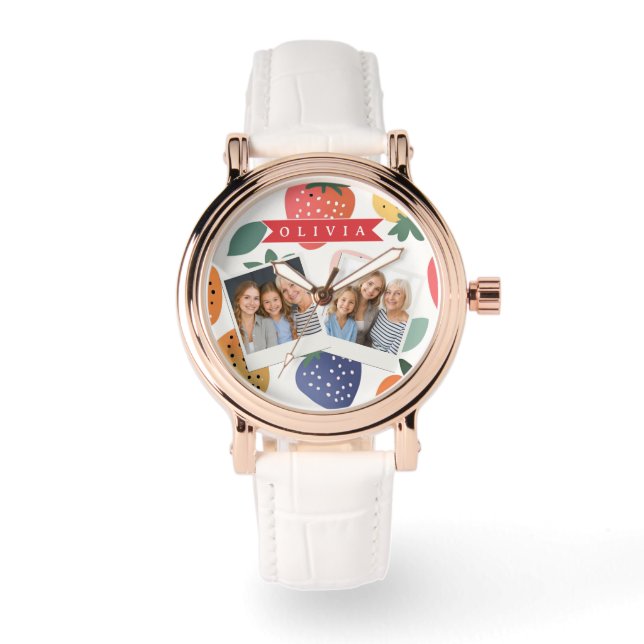 Personalisiertes Sommerfarbenfrohes Erdbeermuster Armbanduhr (Vorderseite)