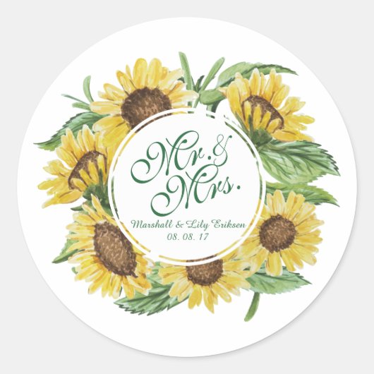 Personalisiertes Sonnenblumenkraut-Hochzeitsticker Runder Aufkleber (Vorderseite)