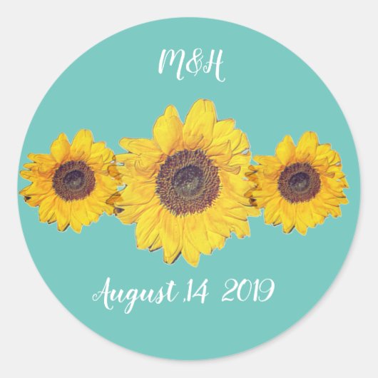 personalisiertes Sonnenblumentrio - Hochzeit auf B Runder Aufkleber (Vorderseite)