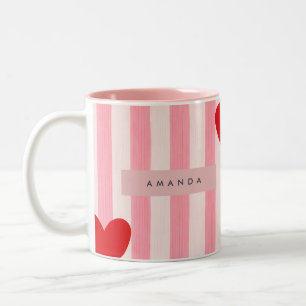 Personalisiertes Spielzeug-Rotes Herz & Rosa Strei Zweifarbige Tasse