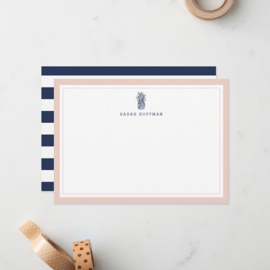 Personalisiertes Stationery Pink & Navy Ananas fla Mitteilungskarte (Vorderseite/Rückseite Beispiel)