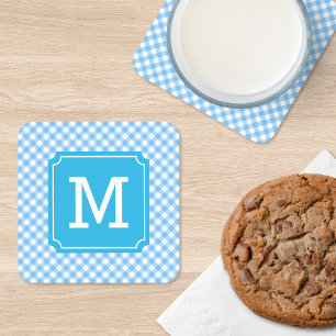 Personalisiertes stilvolles Babyblau-Gingham-Monog Untersetzer