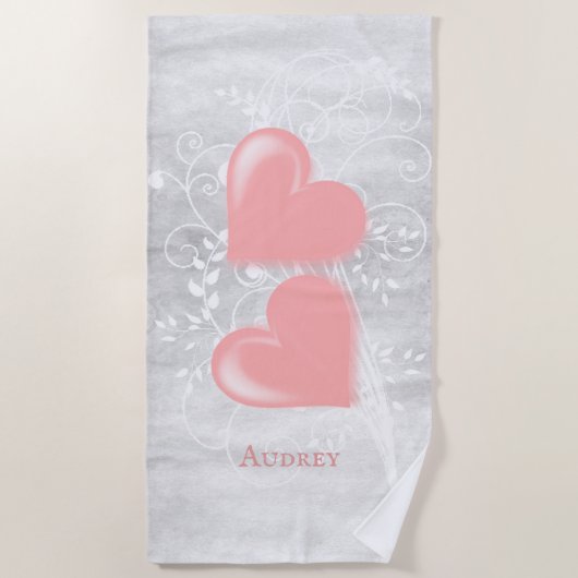 Personalisiertes Strandtuch mit rosa Herz (Vorderseite)