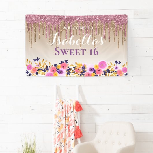 Personalisiertes Süß 16 | Glitzer zum Blumentropfe Banner (Insitu)