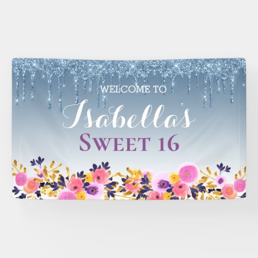 Personalisiertes Süß 16 | Glitzer zum Blumentropfe Banner (Horizontal)