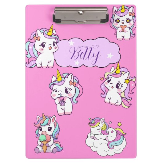 Personalisiertes süßes Einhorn Klemmbrett (Vorderseite)