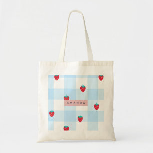 Personalisiertes Süßes Erdbeer-Gingham-Blau Tragetasche
