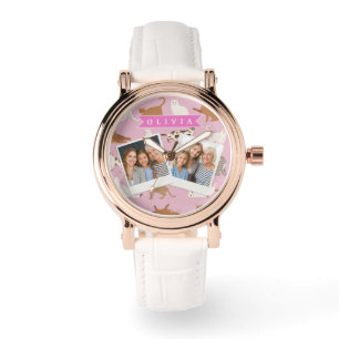 Personalisiertes süßes rosa Katzenmuster-Geschenk Armbanduhr