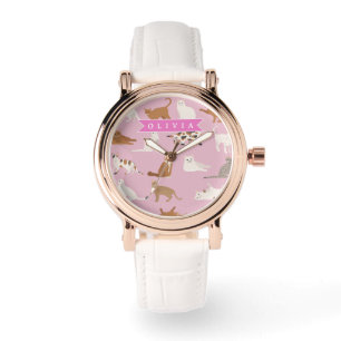 Personalisiertes süßes rosa Katzenmuster-Geschenk Armbanduhr