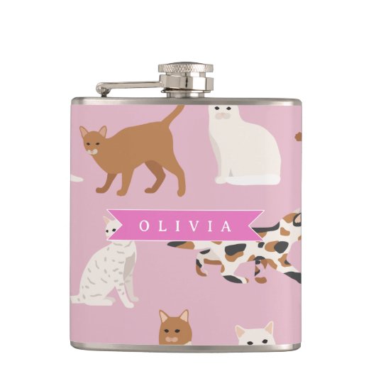 Personalisiertes süßes rosa Katzenmuster-Geschenk  Flachmann (Vorderseite)