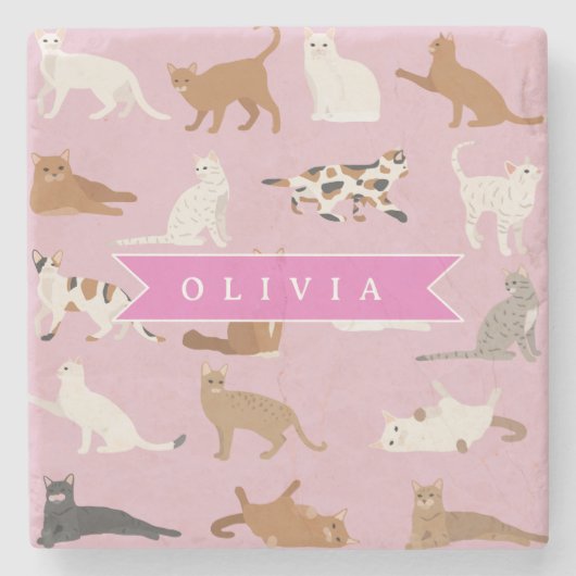 Personalisiertes süßes rosa Katzenmuster-Geschenk Steinuntersetzer (Vorderseite)