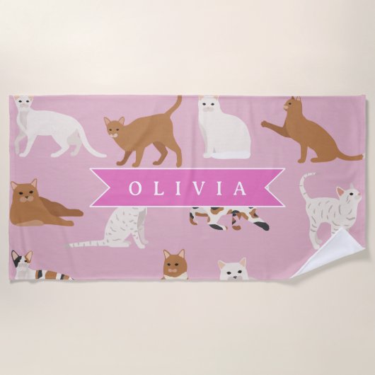 Personalisiertes süßes rosa Katzenmuster Geschenk Strandtuch (Vorderseite)