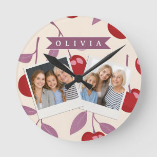 Personalisiertes Süßkirschen-Muster Süß Mädchen Re Runde Wanduhr
