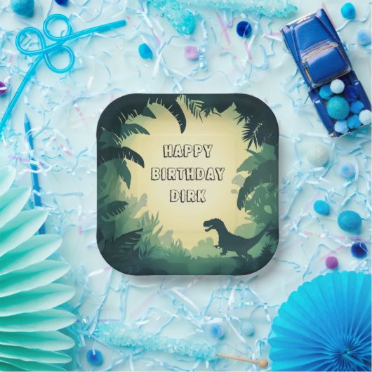 Personalisiertes T-Rex-Silhouette-Papiertafel Grün Pappteller (Party)