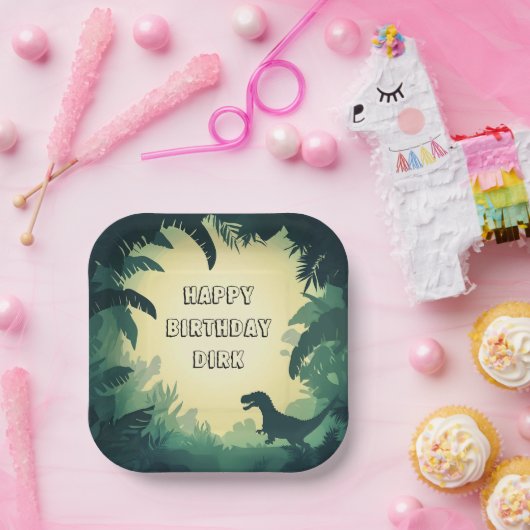 Personalisiertes T-Rex-Silhouette-Papiertafel Grün Pappteller (Party)