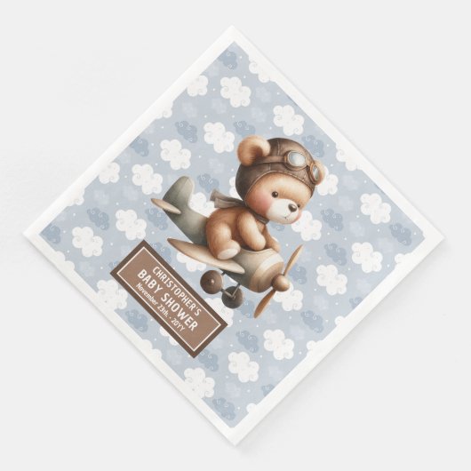 Personalisiertes Teddy Bear Pilot Baby Dusche Part Serviette (Ecke)