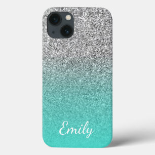 Personalisiertes Türkis- und Silber-Glitter-Ombre Case-Mate iPhone Hülle