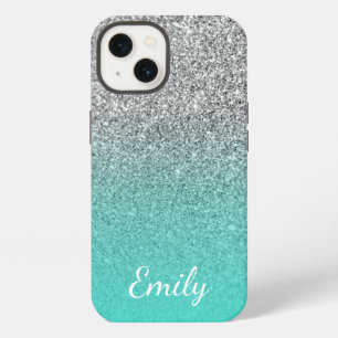 Personalisiertes Türkis- und Silber-Glitter-Ombre iPhone 13 Hülle