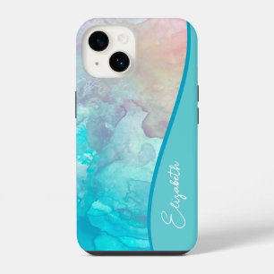 Personalisiertes Türkis-Wasserfarbe iPhone 14 Hülle