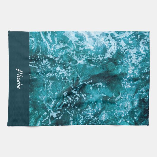 Personalisiertes türkisfarbenes Meer und Wellen Geschirrtuch (Horizontal)